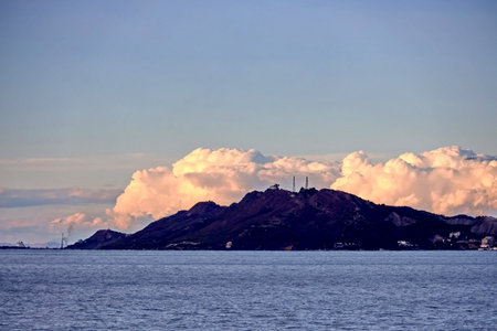 View of the island of St Kitts and Nevis from the seaの写真素材