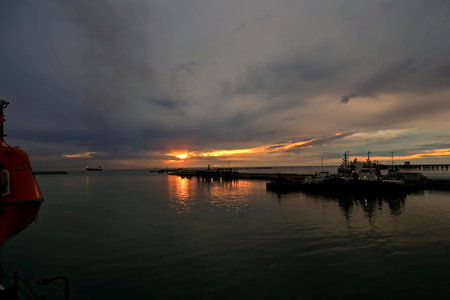 Sunset in the port of Gdynia, Poland.の写真素材
