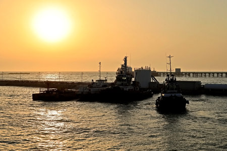 Bulk carrier and tugboats in the sea at sunset, Odessa, Ukraineの写真素材