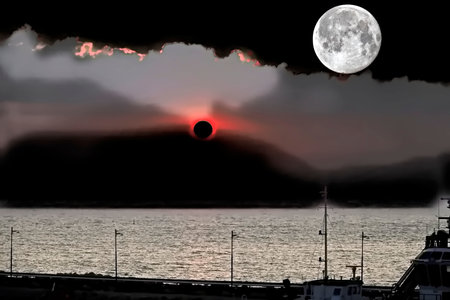 Sunset over the sea with a full moon in the sky.