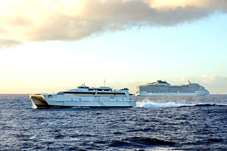 Cruise ship in the sea at sunset, closeup of photoの写真素材