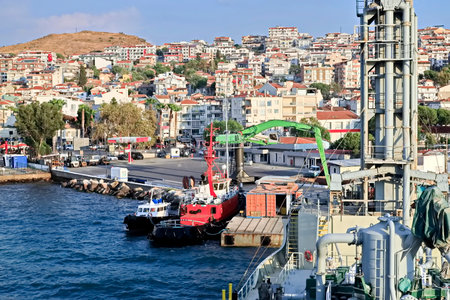 View of the port of city of Dikili, Turkeyの写真素材