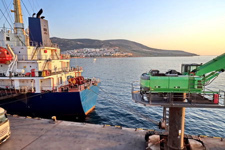 Cargo ship at the port. Turgutreis, Turkey
