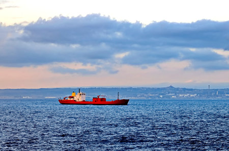 Red cargo ship in the sea against the backdrop of the city.の写真素材