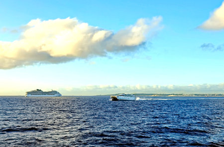 ships Cruise in the Atlantic Ocean, Mauritius Island, Africaの写真素材