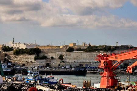 Port of Valletta, Malta, with cranes and shipsの写真素材