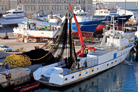 Fishing boats moored in the port of Marseille, Franceの写真素材