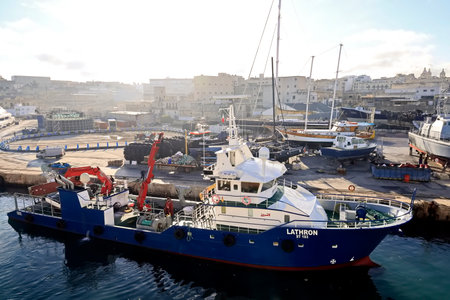 Ship moored in the port in Valletta, Malta.の写真素材