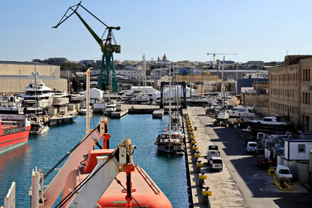 Cranes and ships in the port of Marseille, Franceの写真素材