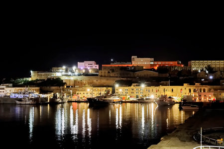 View of the old city of Valletta at night, Maltaの写真素材