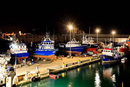 Fishing boats in the harbor at night, Cadiz, Spainの写真素材