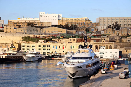 Luxury yachts in the port of Valletta, Maltaの写真素材