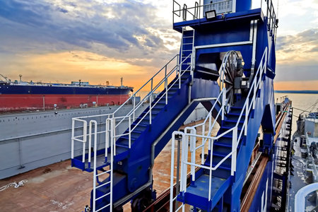 Cargo terminal for loading bulk cargo of iron ore by ship cranes and grabs. Views of the equipment...
