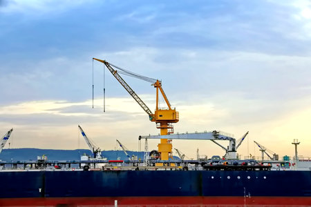 Cranes and bulk carrier under cargo operations, Odessa, Ukraineの写真素材