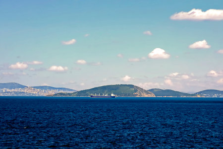 Seascape with ship and blue sky. Crimea, Ukraine.の写真素材