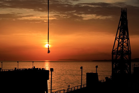 Silhouette of crane on the background of sunset and sea.の写真素材