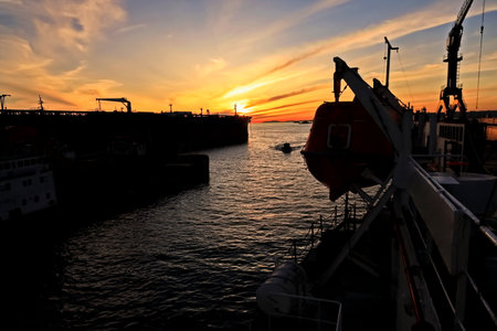 Sunset in the port of Gdynia, Poland.の写真素材