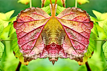 A close up of a red and yellow leaf with a green backgroundの写真素材