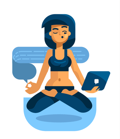 A woman with a tablet is engaged in yoga and reads messages. Vector illustration.のイラスト素材