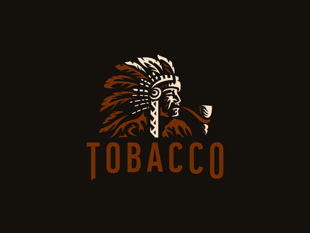The old  Native american in a national cap of feathers smoking a pipe.のイラスト素材