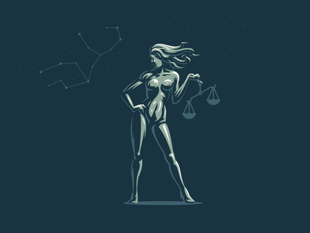 Libra. A woman is holding a scales. Vector illustration.のイラスト素材