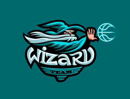 The mascot of the basketball team. A wizard in a hat throws a basketball. Vector illustration.のイラスト素材