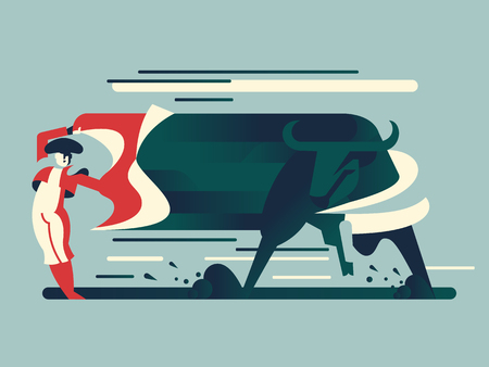 Bullfight, bull runs to the bullfighter. Vector illustration.のイラスト素材