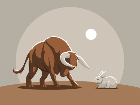 A young bull, a calf is attacking a rabbit. Vector illustrtion.のイラスト素材