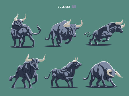 Set of bulls and buffalo in different poses. Vector illustration.のイラスト素材