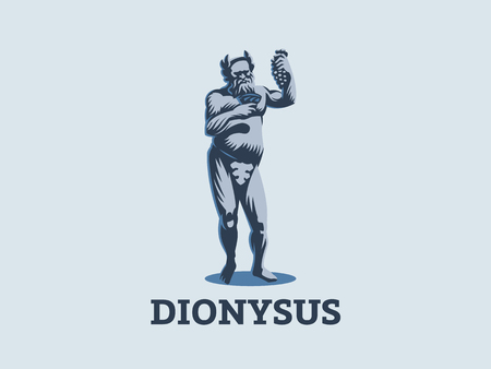 Dionysus or Bacchus holds a bunch of grapes and a glass of wine in his hands. Vector emblem.のイラスト素材