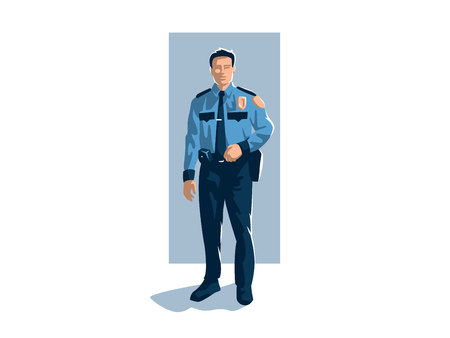 Policeman in trousers, shirt and tie with a police badge, stands and holds on to his belt. Vector illustration.のイラスト素材