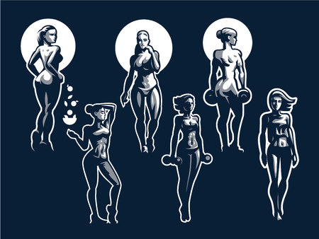 Sporty muscular woman fitness. Vector illustration set.のイラスト素材