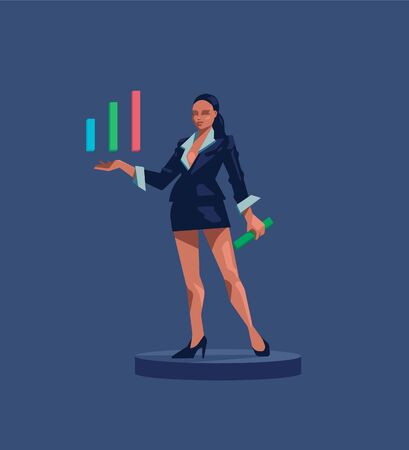 A business woman in a business suit holds in her hands the columns of the diagram. Vector illustration.のイラスト素材
