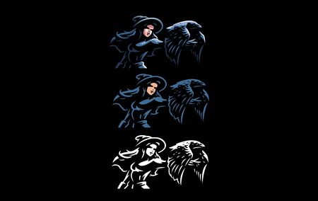 The witch in the witch's hat in the hands of a raven. Vector illustration.のイラスト素材