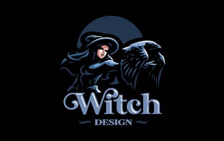 The witch in the witch's hat in the hands of a raven. Vector illustration.のイラスト素材