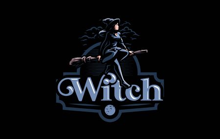 A witch in a witch's hat flies on a broomstick. Vector illustration.のイラスト素材