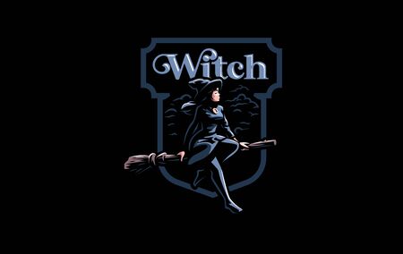 A witch in a witch's hat flies on a broomstick. Vector illustration.のイラスト素材