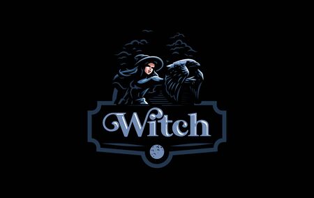 The witch in the witch's hat in the hands of a raven. Vector illustration.のイラスト素材