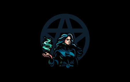 Witch gypsy with flowing hair. In her hands is a magical fire. Vector illustration.のイラスト素材