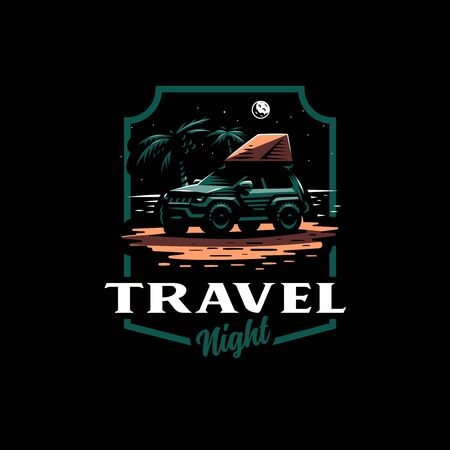 Off-road car stands on the night beach. Tent on the roof. The moon is shining, near palm trees.のイラスト素材