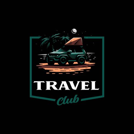 Off-road car stands on the night beach. Tent on the roof. The moon is shining, near palm trees.のイラスト素材