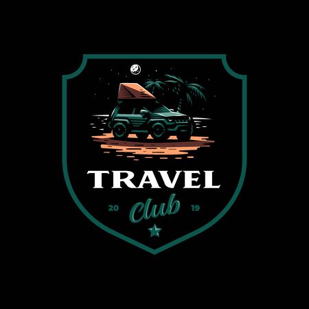 Off-road car stands on the night beach. Tent on the roof. The moon is shining, near palm trees.のイラスト素材