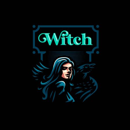 A female witch or, with a raven on her shoulders. Vector illustrationのイラスト素材