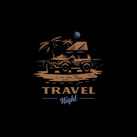 Off-road car stands on the night beach. Tent on the roof. The moon is shining, near palm trees.のイラスト素材