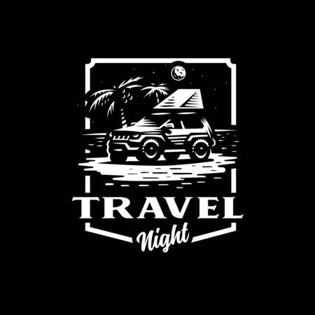 Off-road car stands on the night beach. Tent on the roof. The moon is shining, near palm trees.のイラスト素材