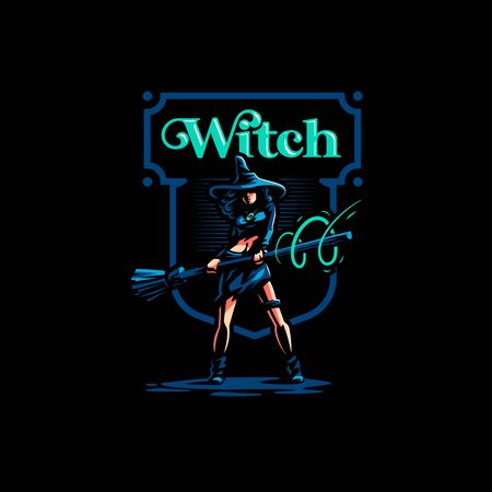 Woman witch with a magic broom in one hand and a magic flame in the other hand, conjures.のイラスト素材