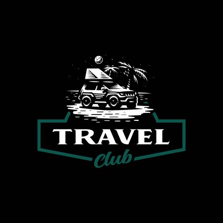 Off-road car stands on the night beach. Tent on the roof. The moon is shining, near palm trees.のイラスト素材