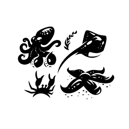 The inhabitants of the seabed. Sea creatures. Crab, stingray, octopus, starfish.のイラスト素材