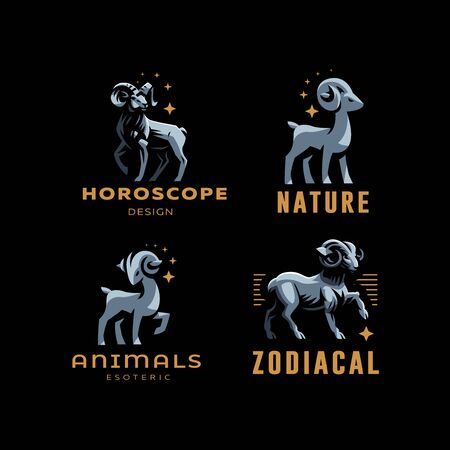 Aries, goat, ram with big horns. Set of vector illustration.のイラスト素材