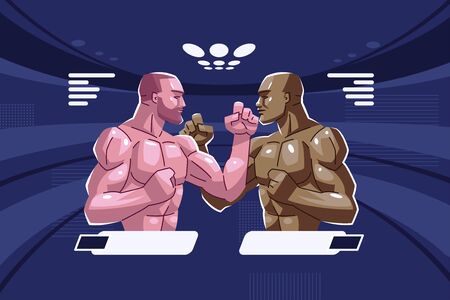 Staredown. Two fighters stand opposite each other in a fighting stance with clenched fists and look into each other's eyes.のイラスト素材